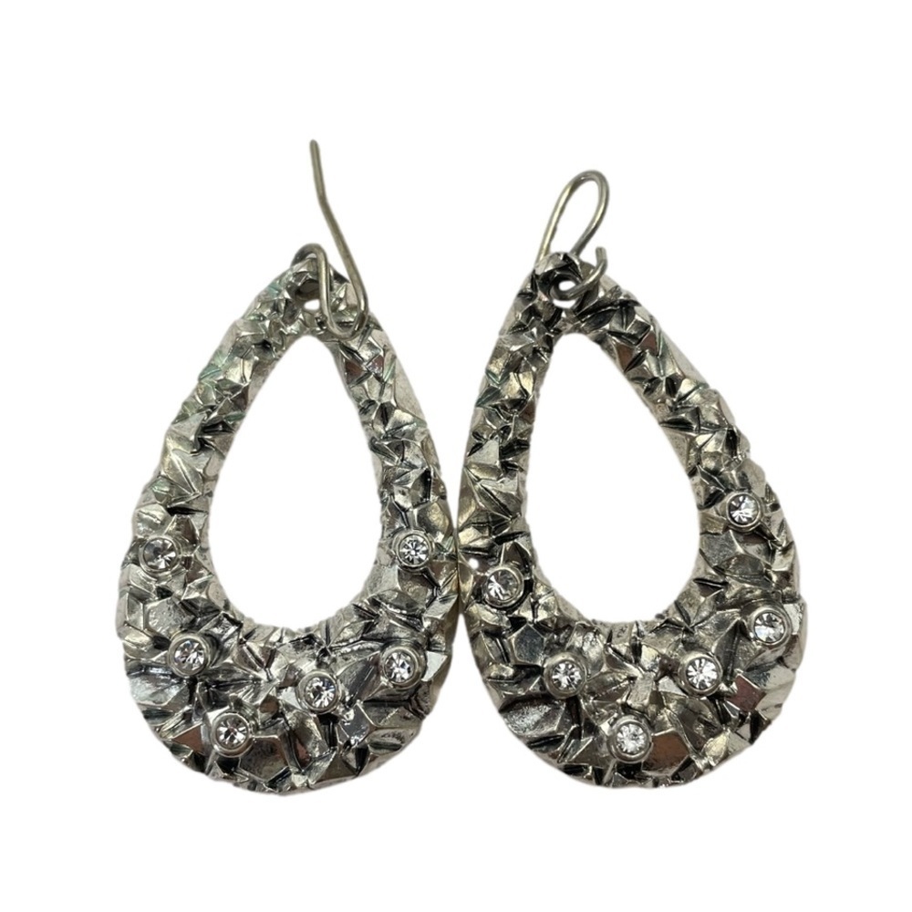 Chunky Textured Silver Tone Dangle Earrings Sprinkled with Crystals